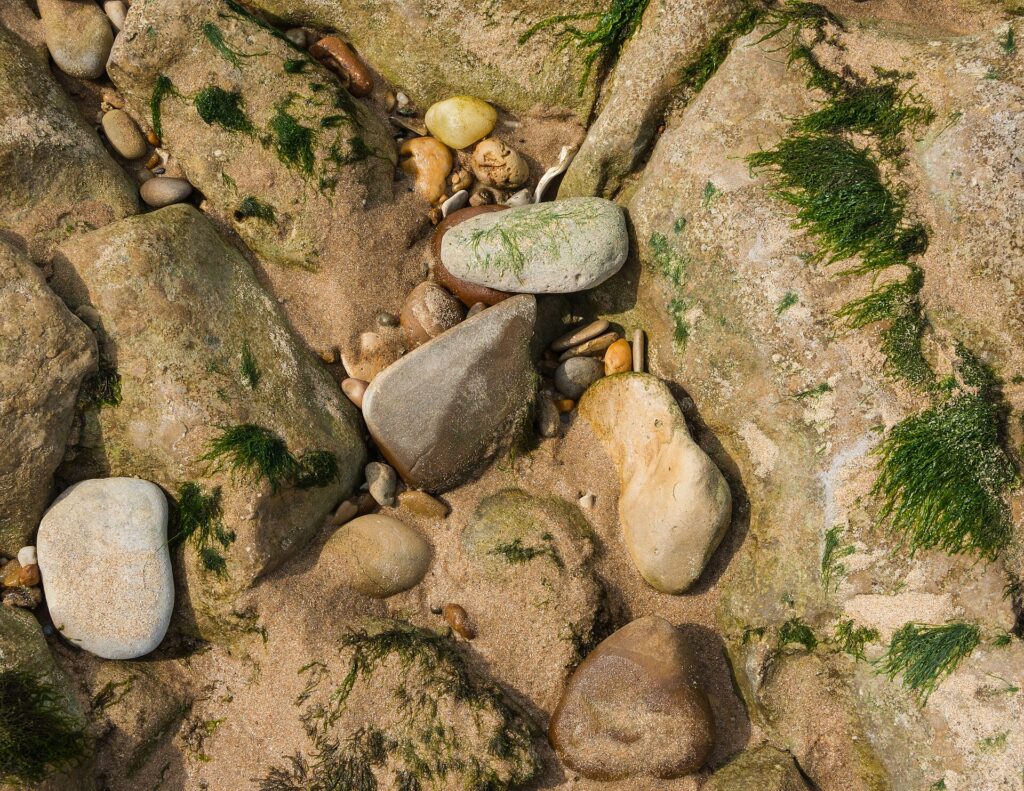 Distesa di sabbia scoperta dalla bassa marea con pozze d'acqua e riflessi grigi